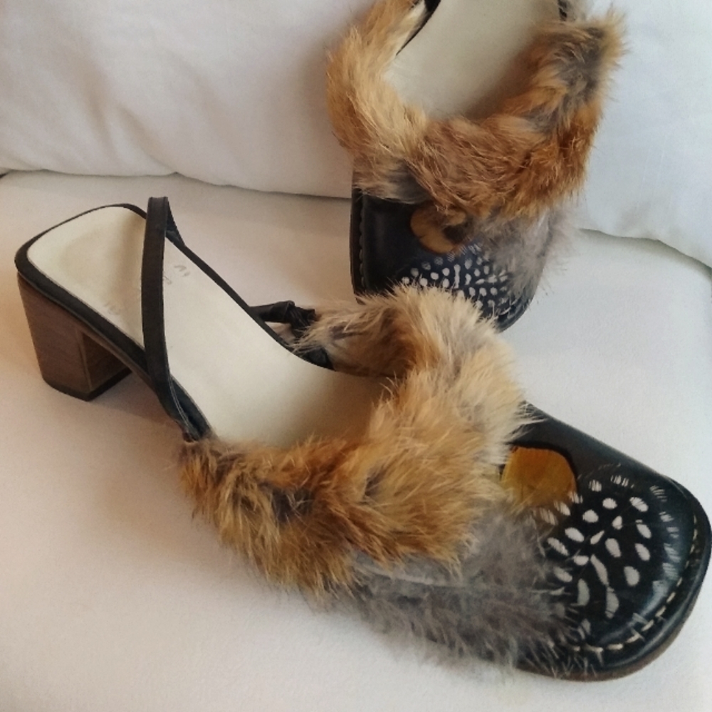 Handmade rabbit fur & pheasant feather adorned slides